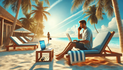 DALL·E 2025-04-08 11.50.30 - A photorealistic beach scene in Jamaica in the afternoon with clear blue skies and tropical sunlight. One person is sitting on a beach towel or low ch