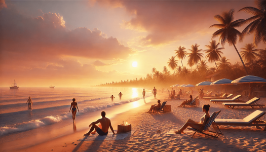 DALL·E 2025-04-08 13.53.02 - A realistic wide scene of a Jamaican beach at sunset. The sky is glowing with warm orange and pink tones as the sun sets over the ocean. A few pe